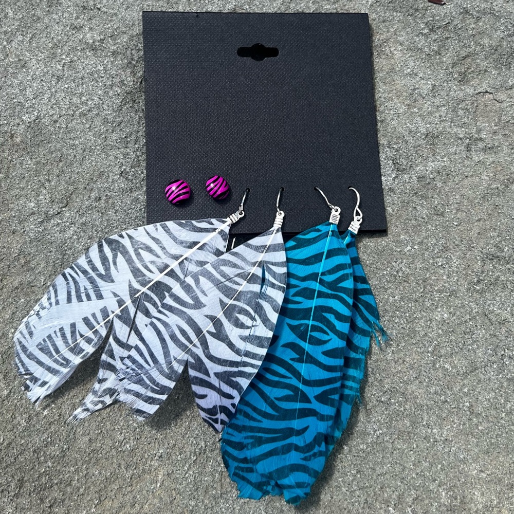 2013 Deadstock Zebra Print Feather Earrings, Set of 3 Tumblr Yolo 2010 Swag